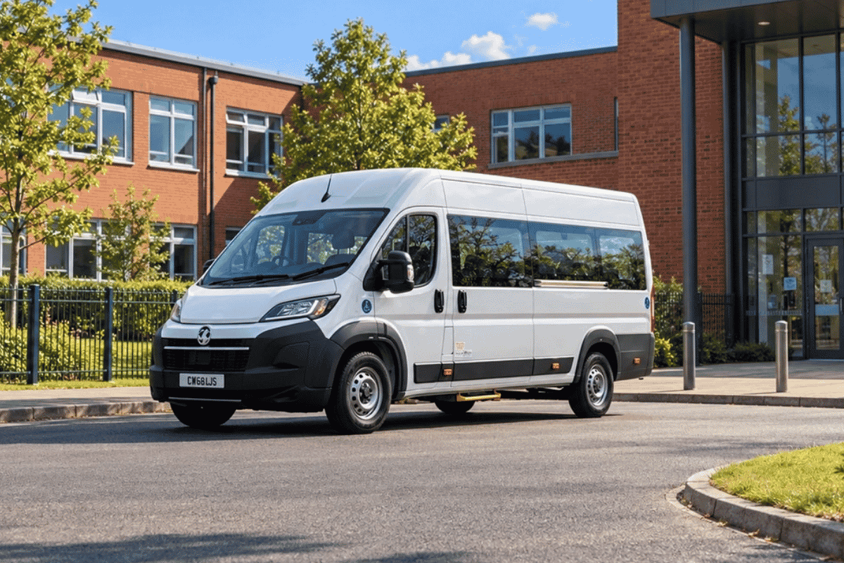 Minibus parked outside a school