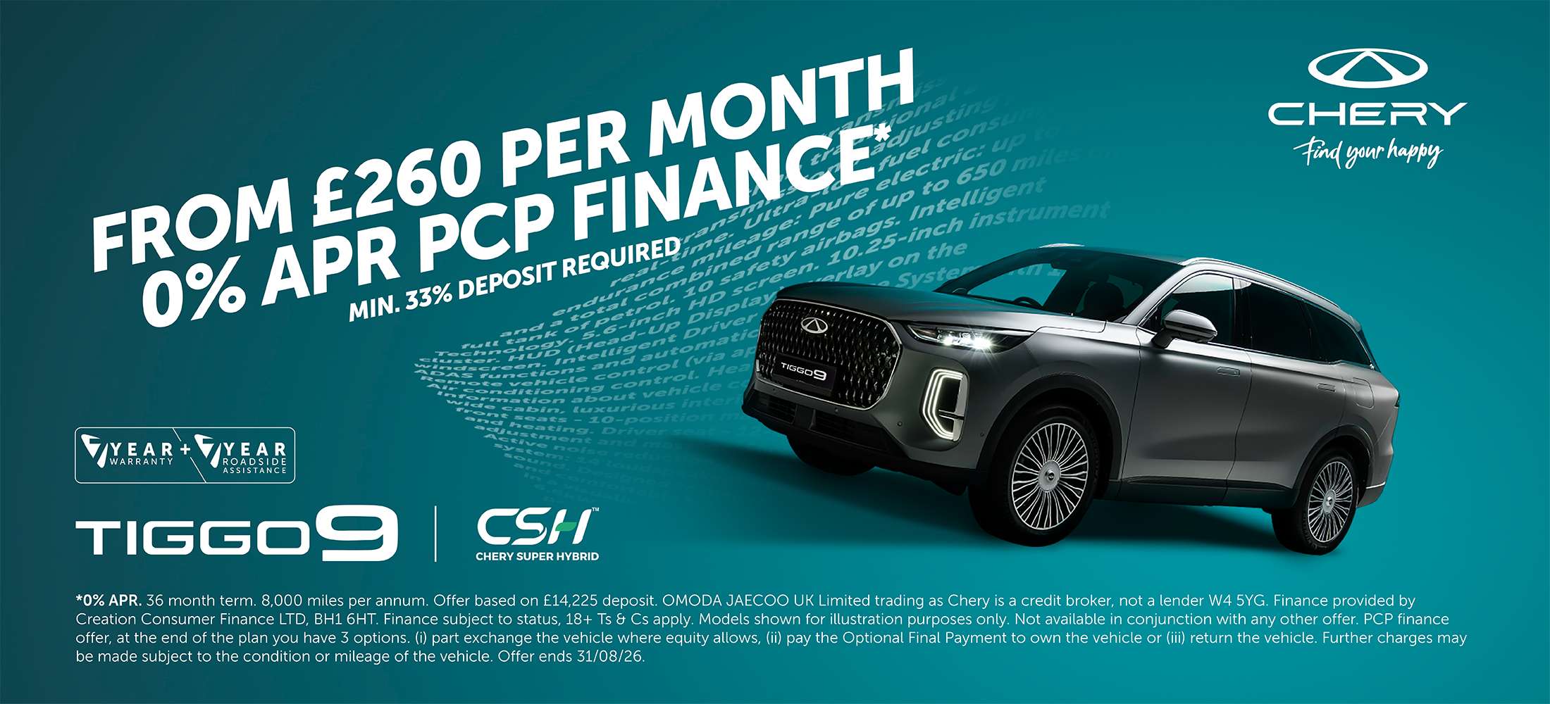 Tiggo 9 CSH from £260 per month 0% apr pcp finance
