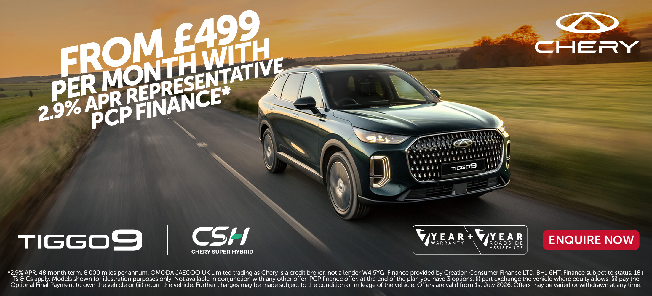 Tiggo 9 CSH from £499 per month with 2.9% apr representative PCP finance