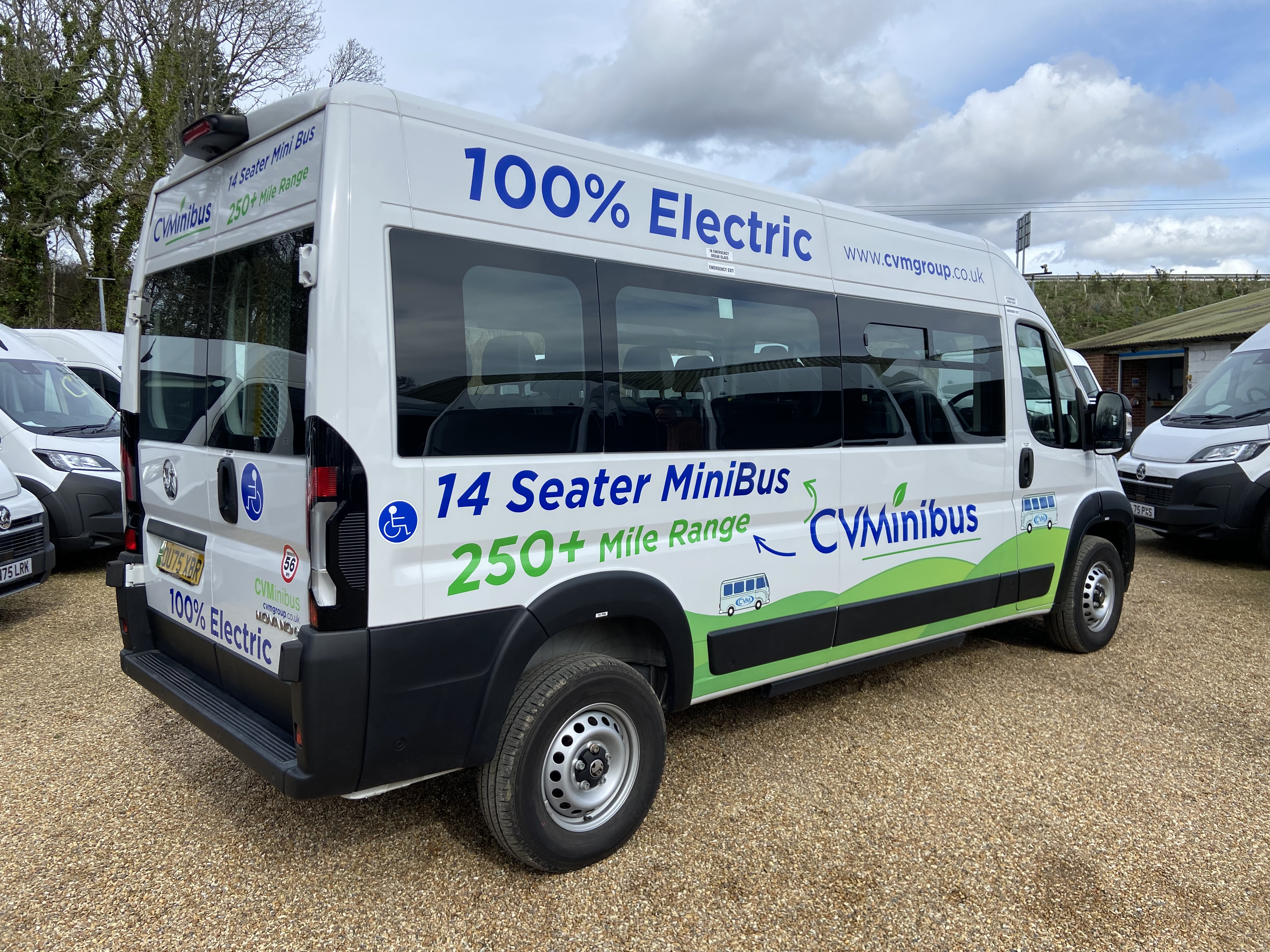 Spacious passenger interior of the electric CVMinibus with three-point seat belts and clear access
