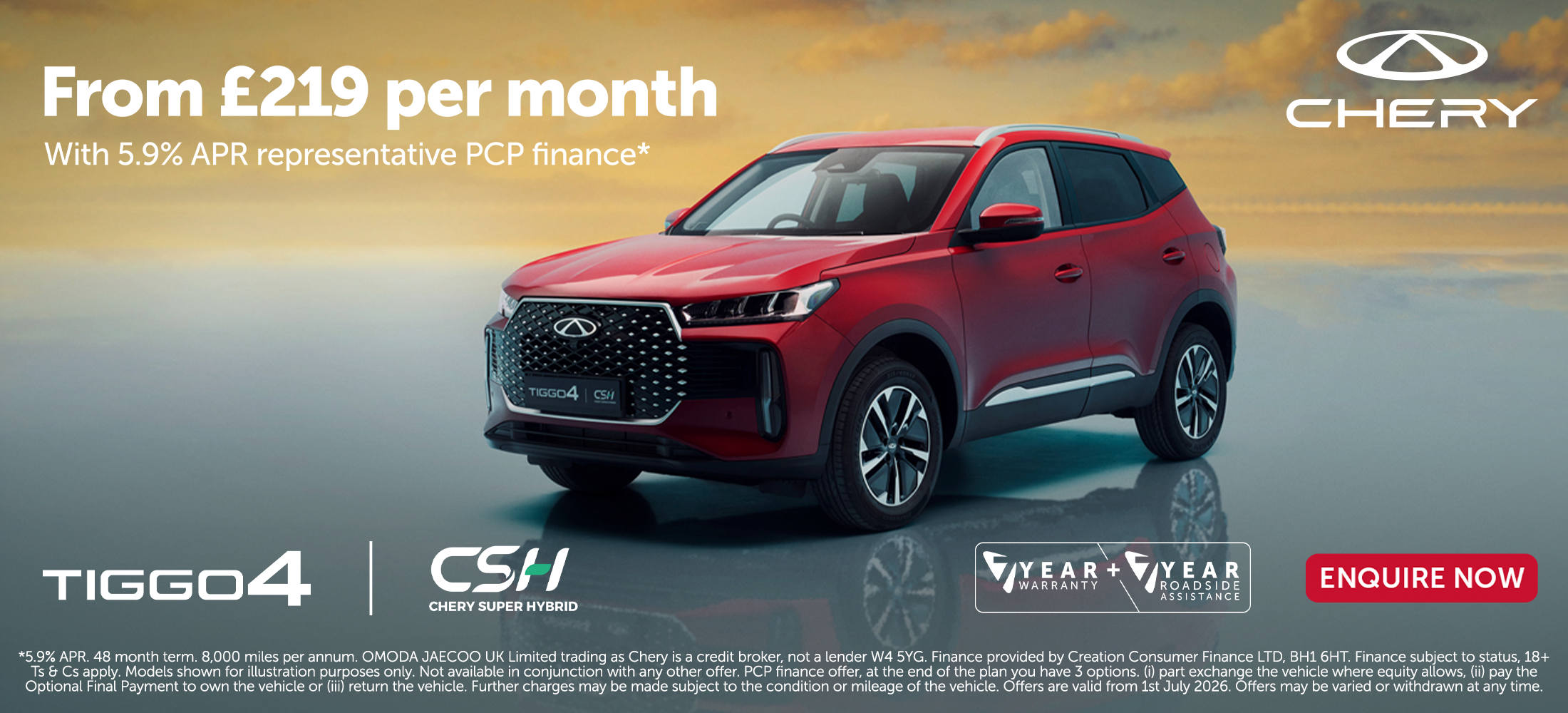 Tiggo 4 CSH from £219 per month with 5.9% apr representative PCP finance