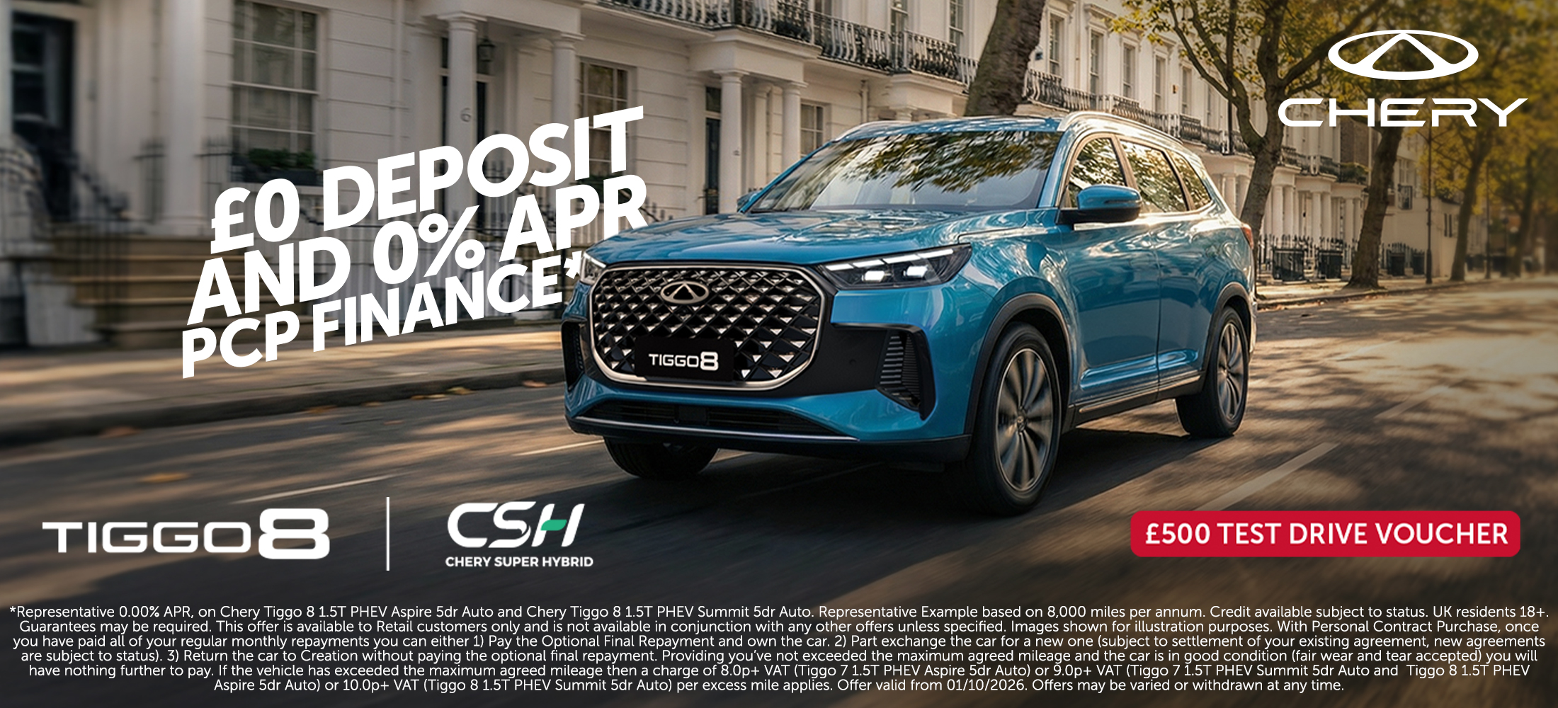 Tiggo 8 CSH £0 deposit with 0% apr PCP finance, £500 test drive voucher
