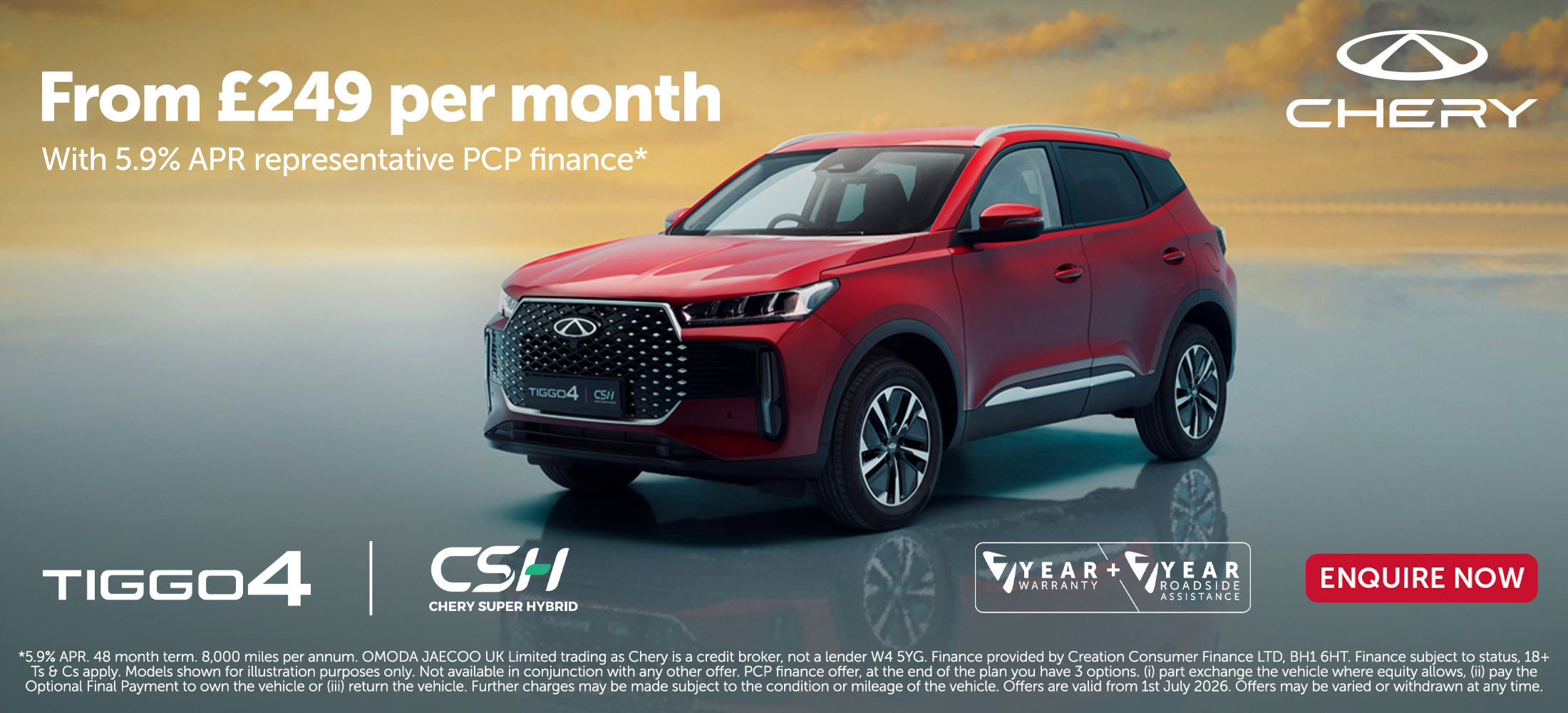 Tiggo 4 CSH from £249 per month with 5.9% apr representative PCP finance
