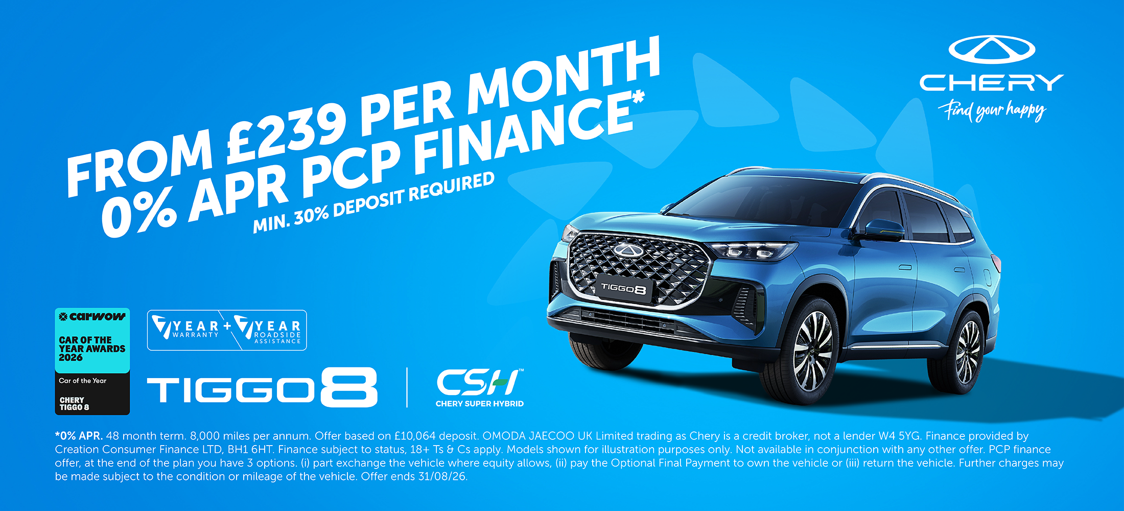 Tiggo 8 CSH from £239 per month 0% apr pcp finance