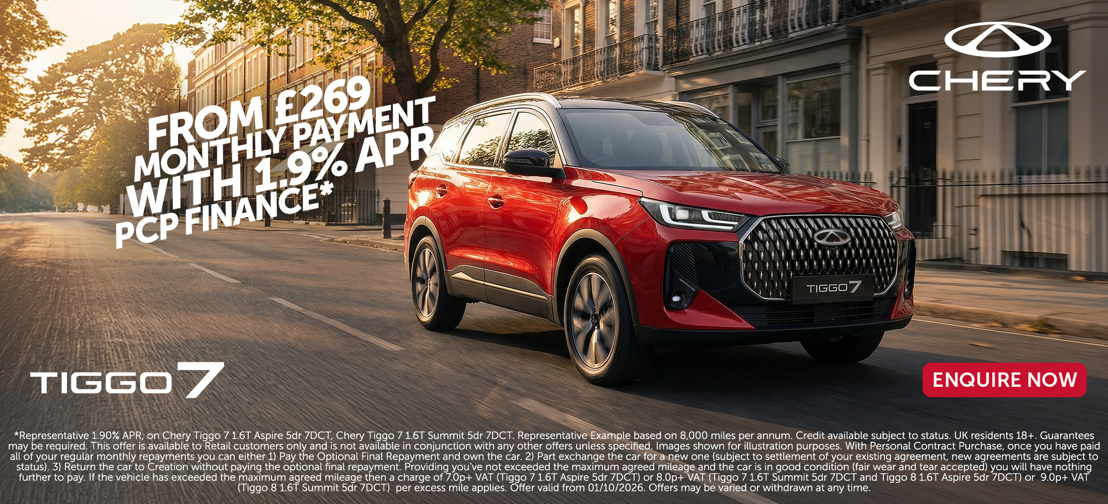 Tiggo 7 from £269 per month with 1.9% apr representative PCP finance